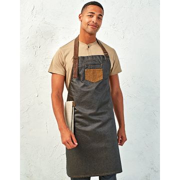 PW136 | Division Waxed Look Denim Bib Apron With Faux Leathe